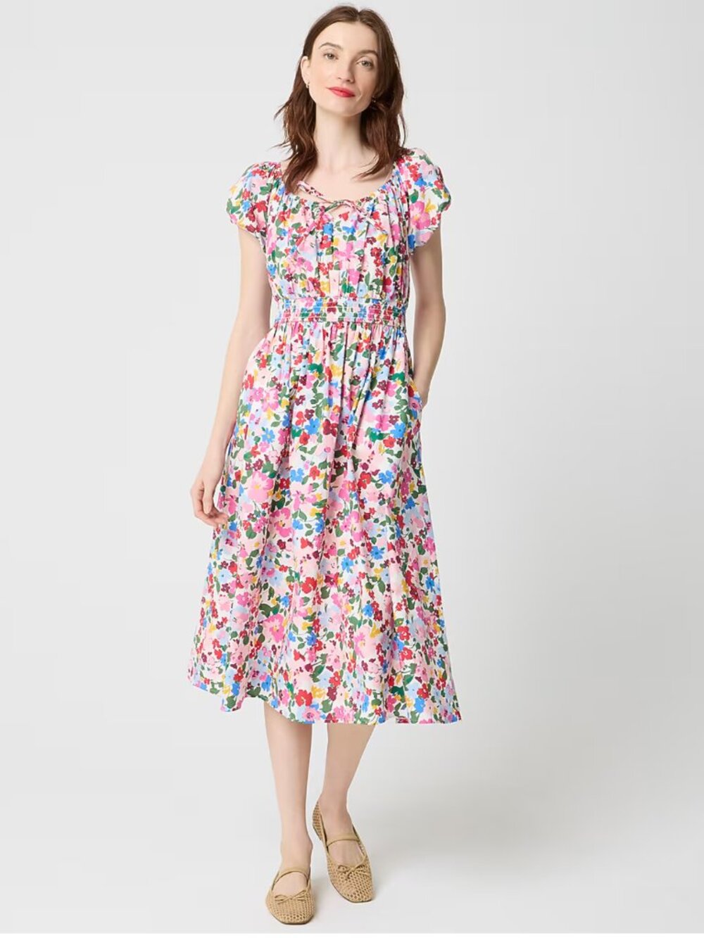 J.Crew Floral Smocked Waist Puff Sleeve Midi Drrss XXSP Cottagexore NWT